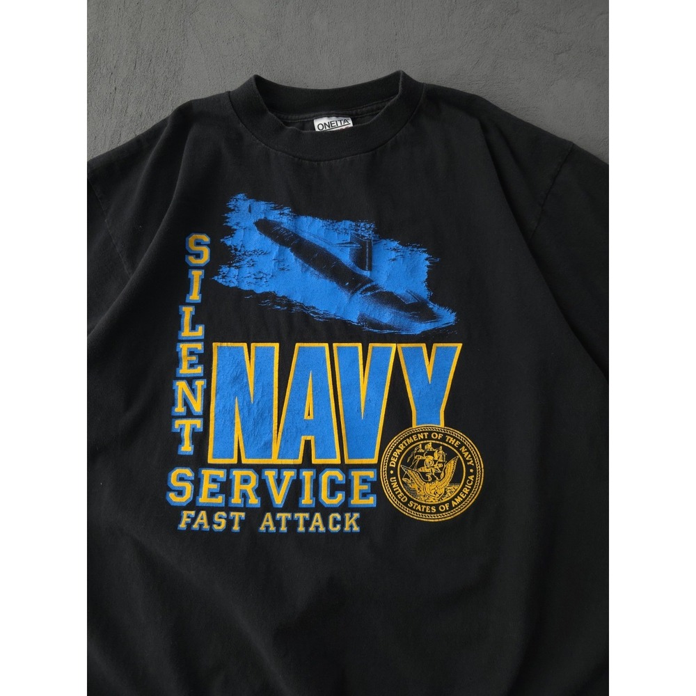 Vintage 90s US Navy Submarine Silent Service Black Oneita Power-T‎ T-shirt XL - Picture 2 of 7